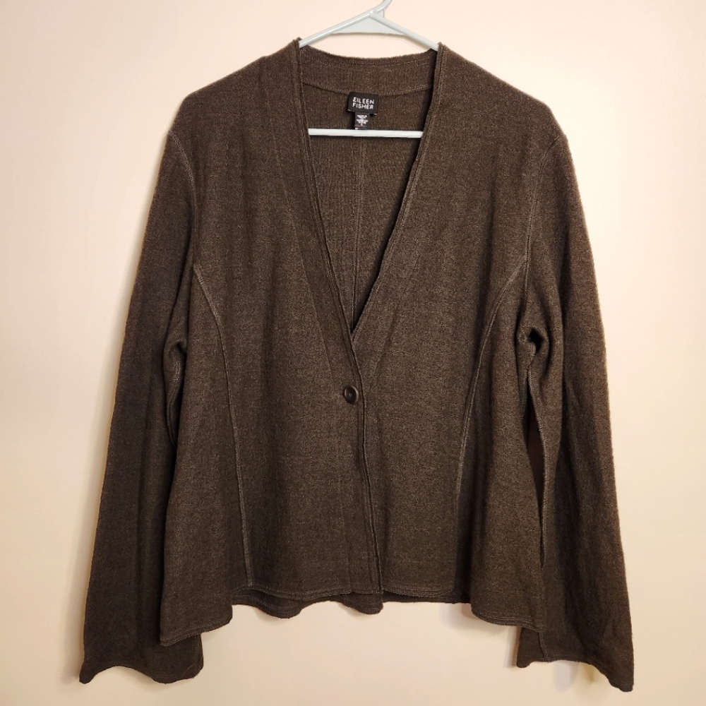 Eileen Fisher 100%Wool Brown/Green Blazer Cardigan Large